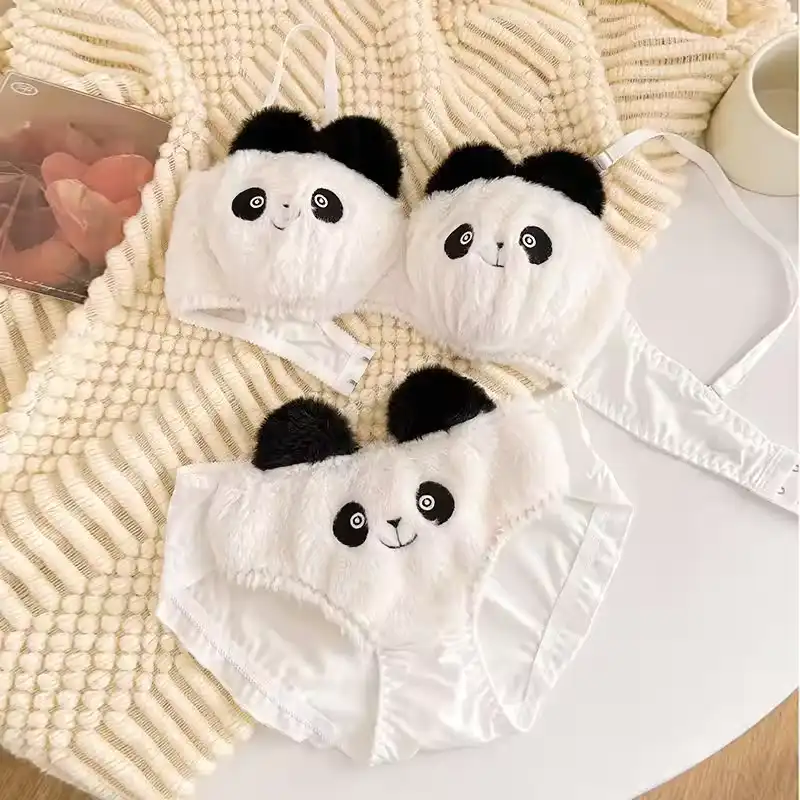 Sexy Young Girl Women's Cute Panda Underwear Set Sweet Lolita Bow Plush Trim Bra