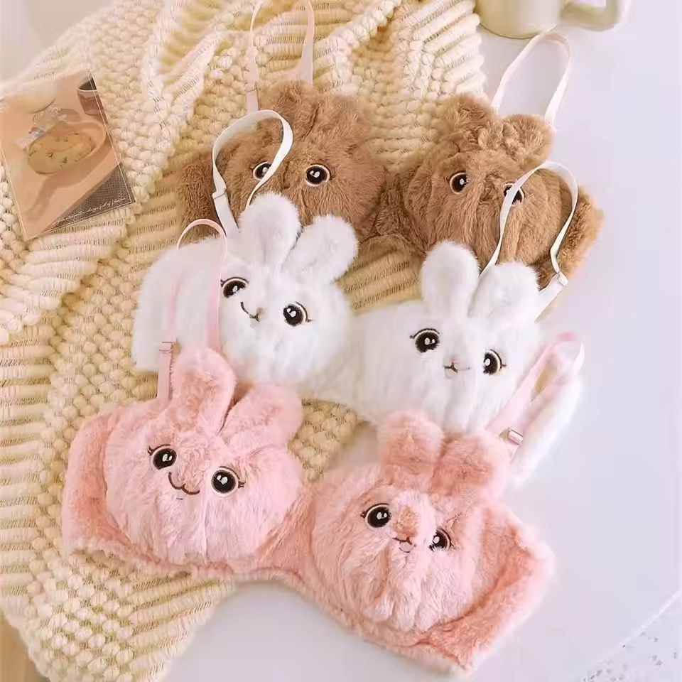 Cute 3D Bunny Plush Bra for Women Wireless Warm Fuzzy Lingerie Adjustable Straps Back Closure Comfortable Winter