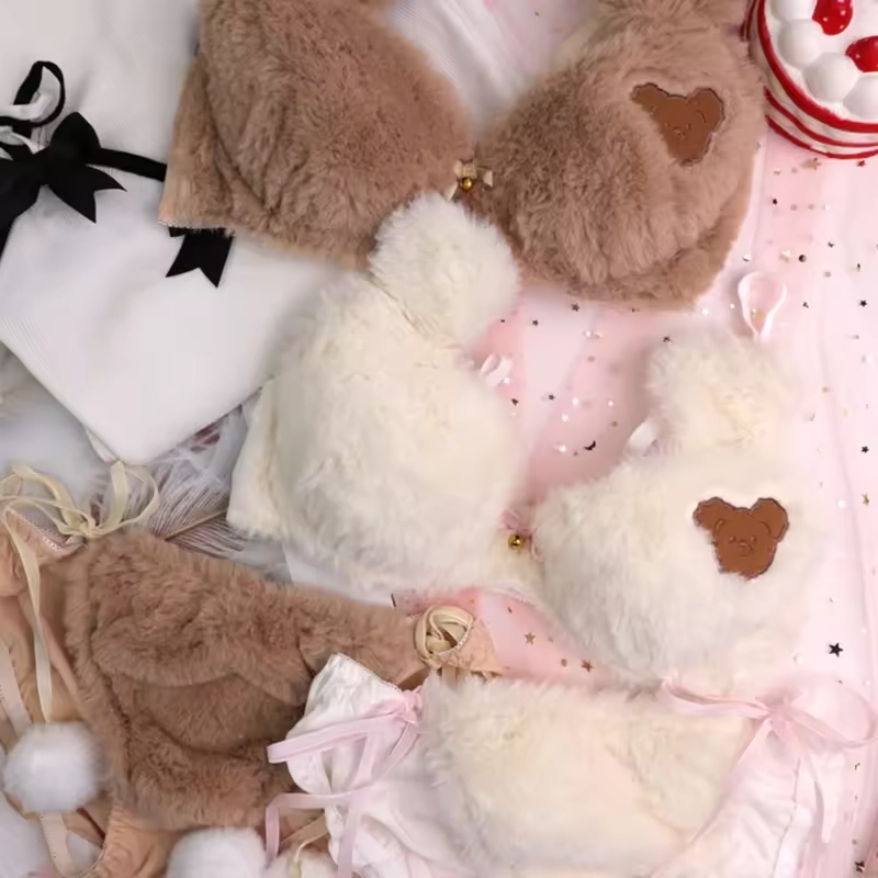 Womens Lolita Kawaii 2pcs Bra Panty Set Cute Bear Embroidery Fluffy Faux Fur Underwire Underwear
